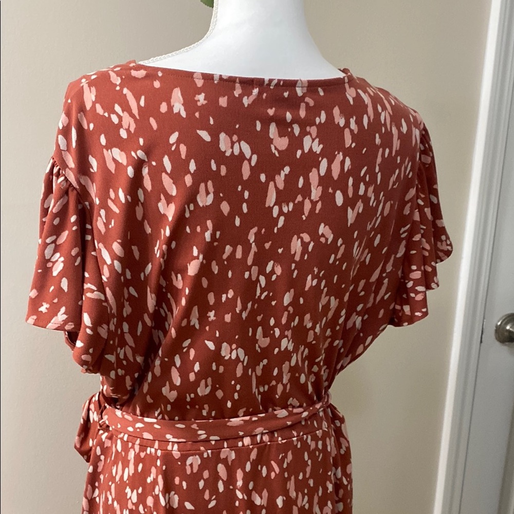 Elegant Rust Faux Wrap Dress - Picture 8 of 10
